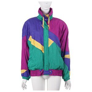 ANDY JOHNS Vintage Women Windbreaker Jacket S Colorblock Full Zip Oversized 80s